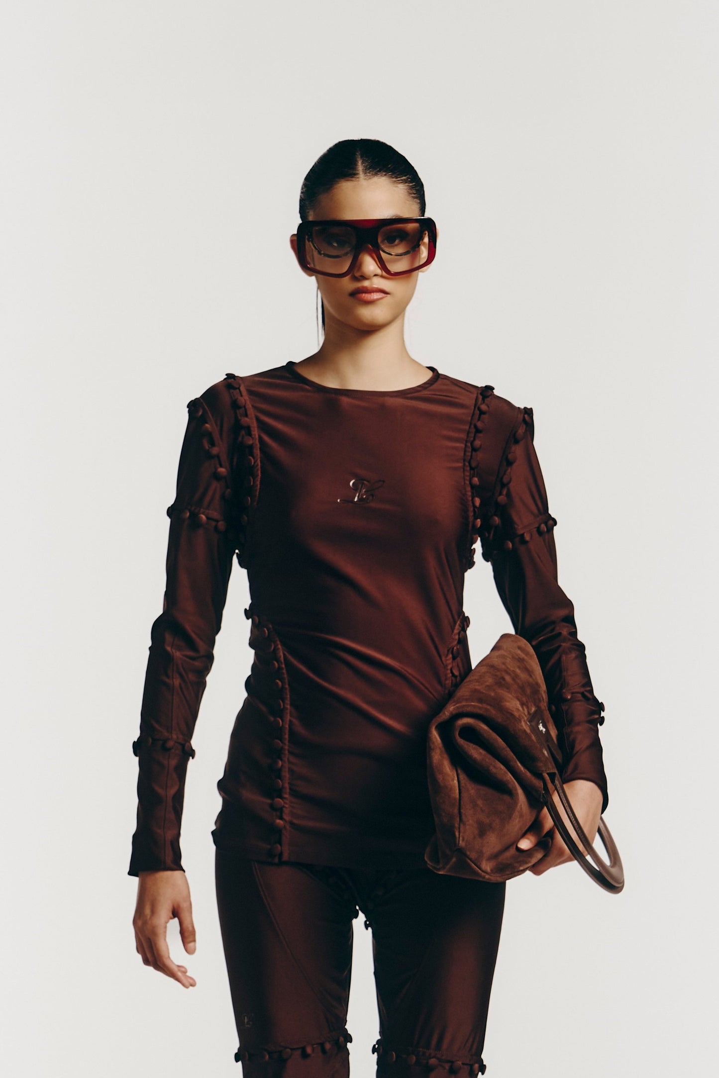 Unbutton Lycra Top in Brown