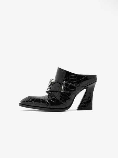 Jehan Black Pebble Belted Mules