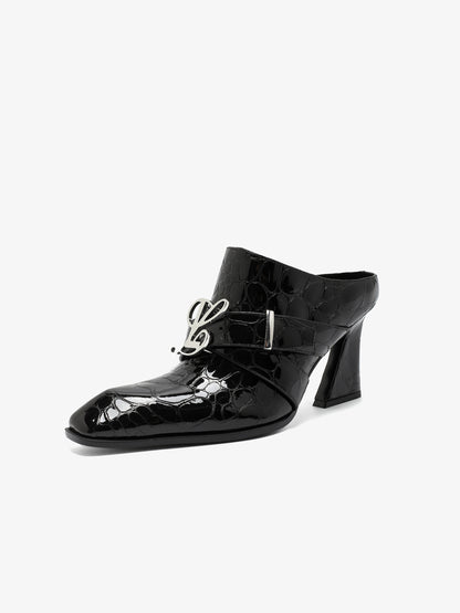 Jehan Black Pebble Belted Mules