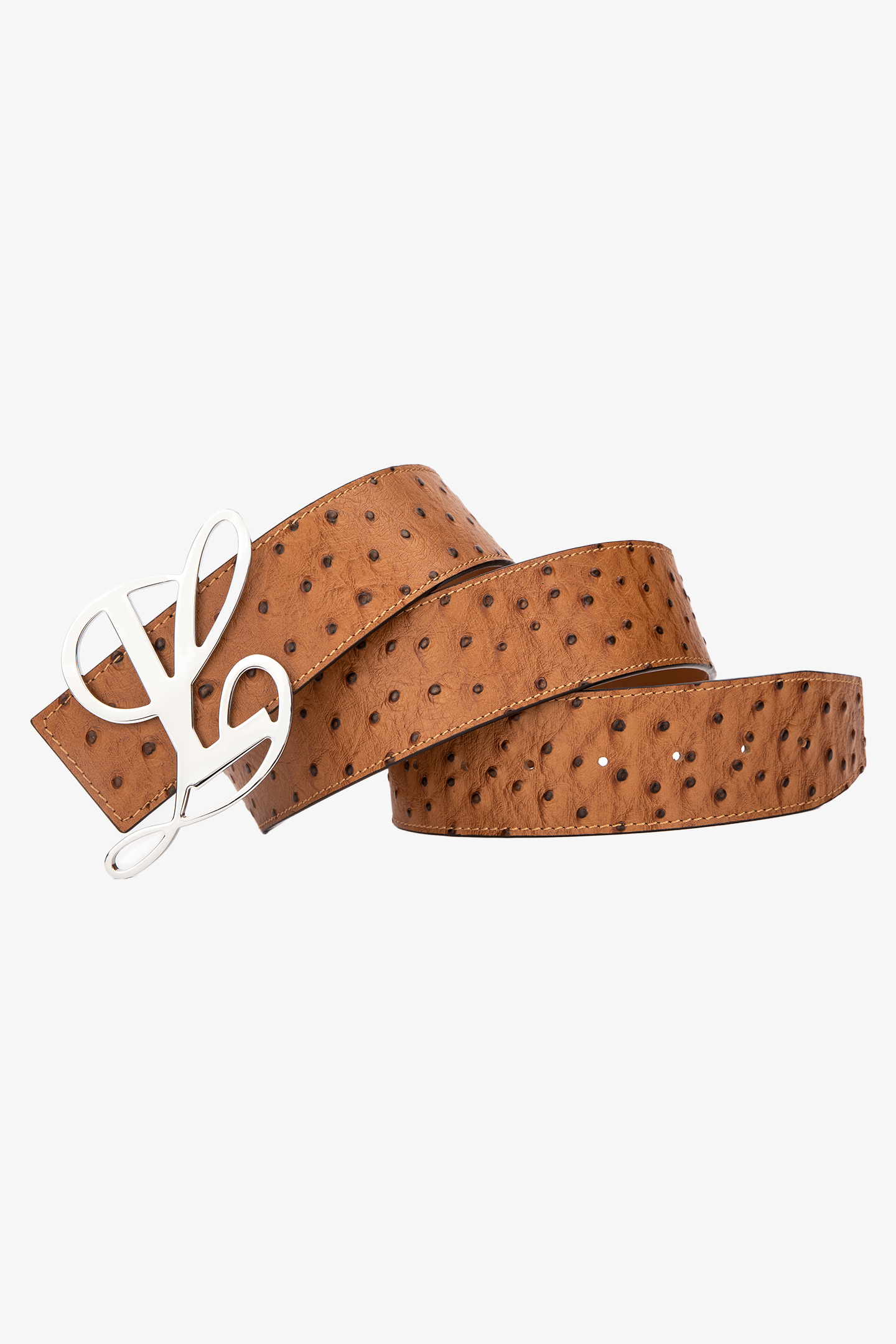 TAN OSTRICH MONOGRAM LOGO BELT