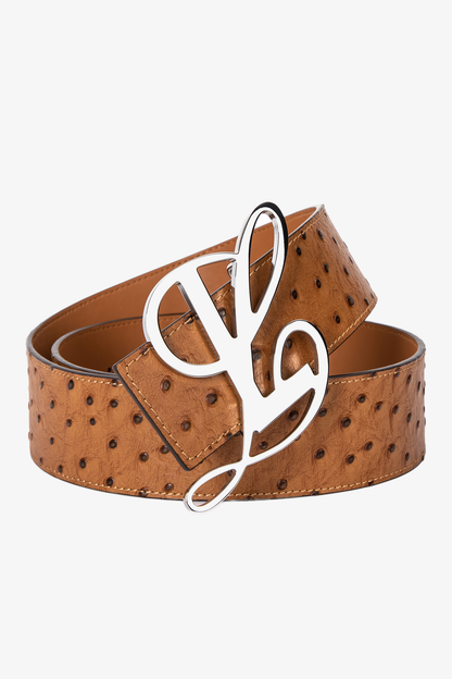 TAN OSTRICH MONOGRAM LOGO BELT