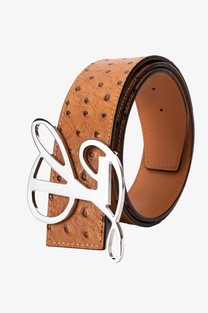 TAN OSTRICH MONOGRAM LOGO BELT