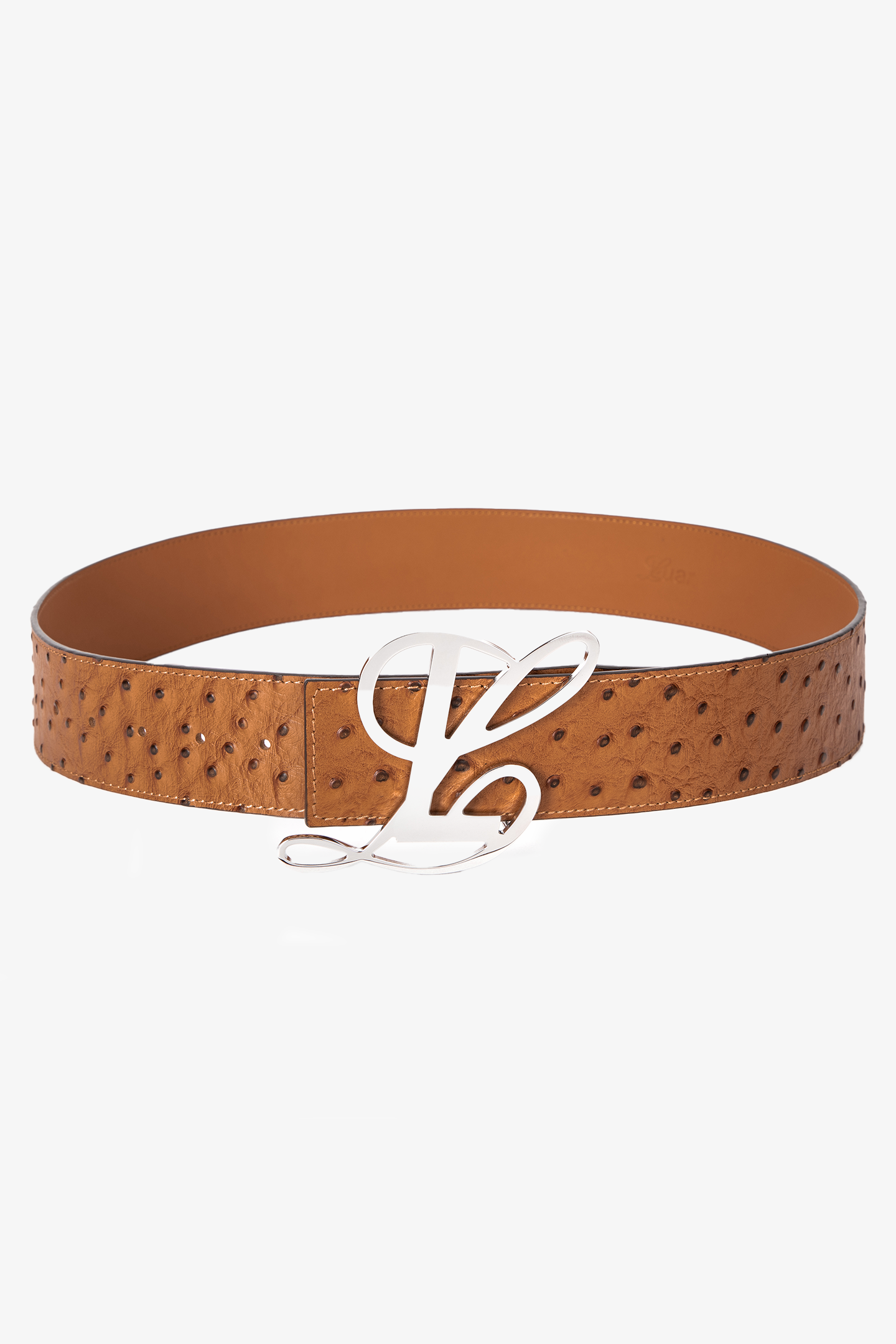 TAN OSTRICH MONOGRAM LOGO BELT