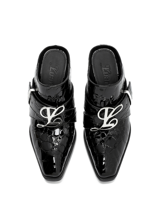 Jehan Black Pebble Belted Mules